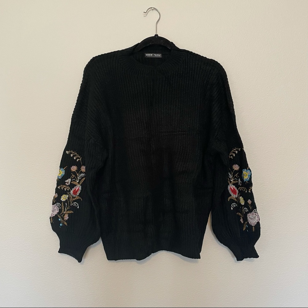 SHEIN Black Sweater with Floral Embroidery